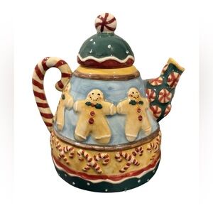 Christmas Sakura Debbie Mumm Gingerbread Men Peppermint Small Teapot 6" tall